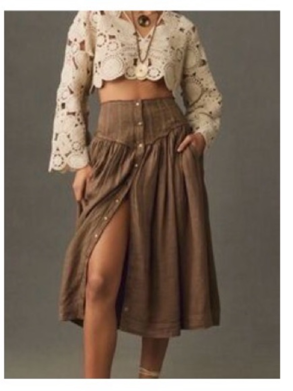 Anthropologie Olive-Brown Button-Front Boho v skirt